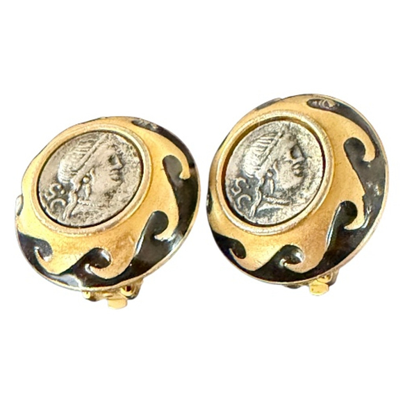 Linda Levinson Jewelry - Linda Levinson Women's Vintage Stamped Clip-on Roman /Greek Motif Coin Earrings